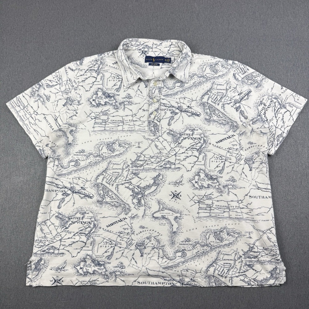 Polo Ralph Lauren Shirt 2XL White Knit Oxford Hamptons Map All Over Print Polo